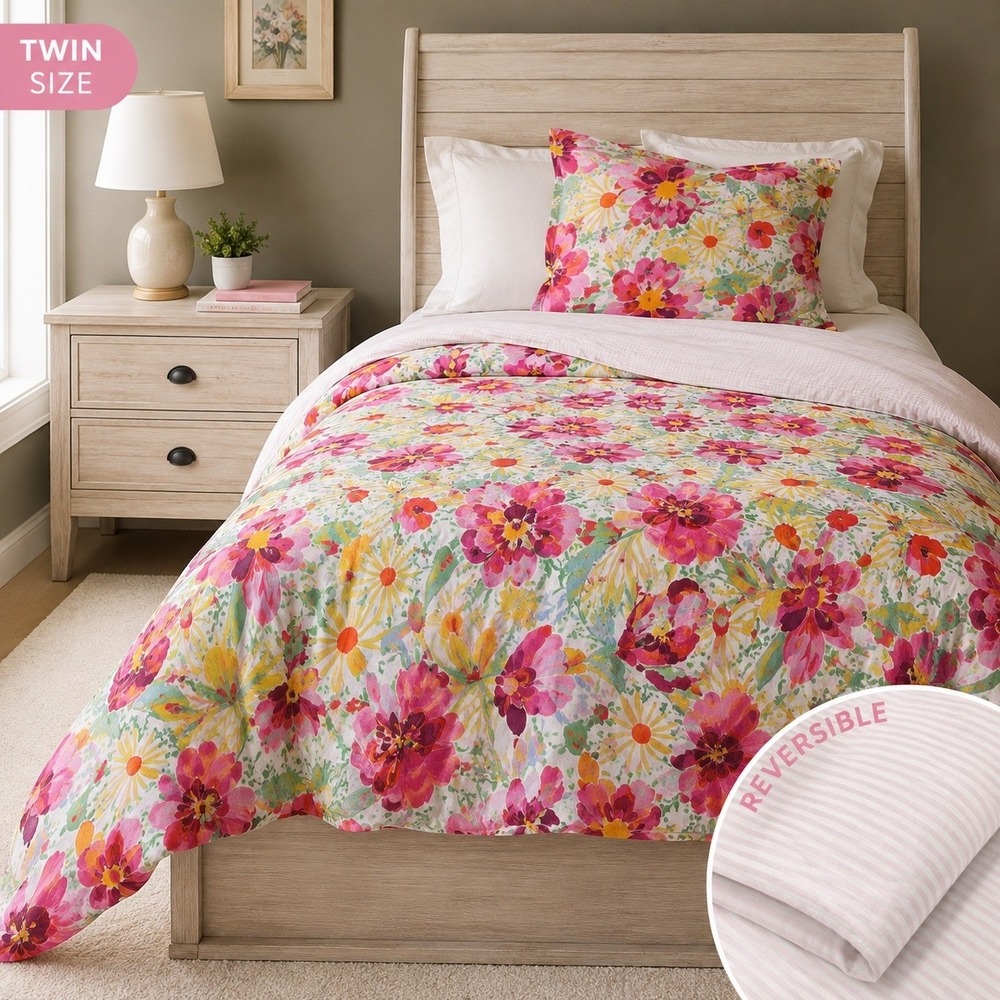 Opalhouse Twin Duvet Cover Pink Yellow Floral Reversible Stripe 100% Cotton Boho